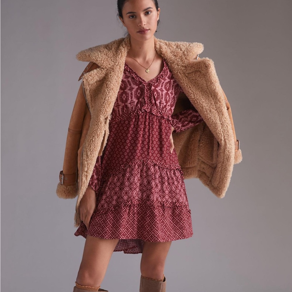 Anthropologie Tiered V neck mini dress, Boho - pink & rust brick red, Medium